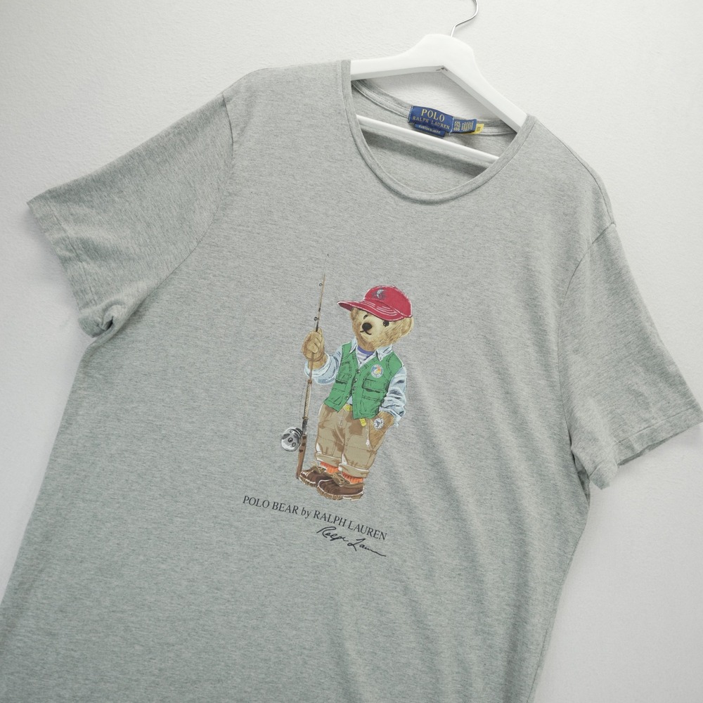 Polo Ralph Lauren Fishing Bear Grey T-Shirt Mens XXL Custom Slim Fit Cotton